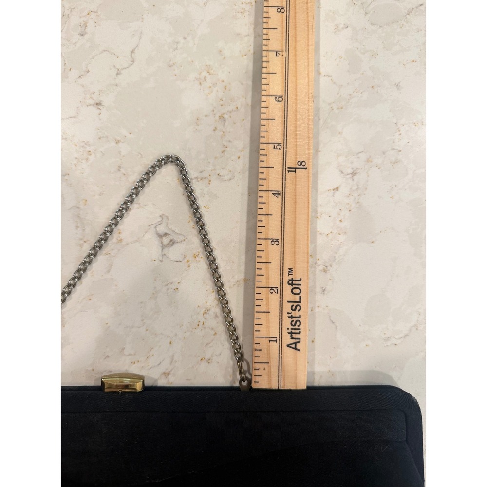 Vintage Black Fabric Clutch Handbag with Silver Chain Strap and Peach Lining - Picture 8 of 8